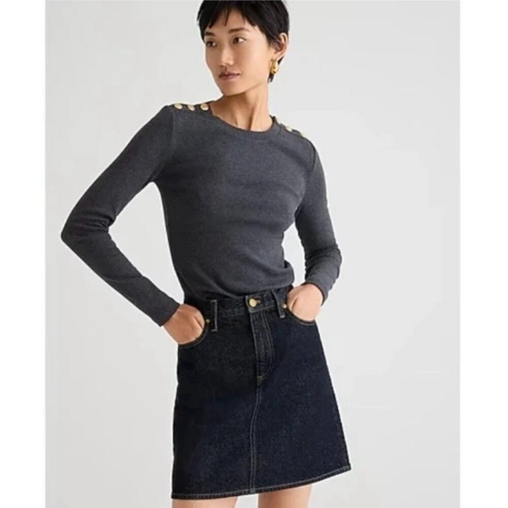 J. Crew Perfect Fit Crewneck Long Sleeve Gold Buttons T-Shirt Heather Gray Sz 2X